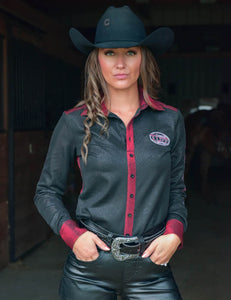 COWGIRL TUFF  Pullover Button Up (Red-Black Metallic Mid-weight Stretch Jersey)