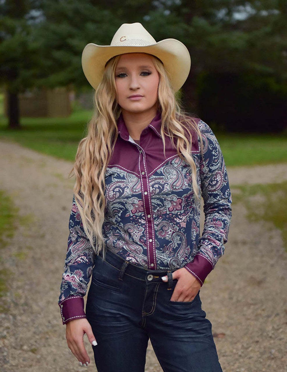 COWGIRL TUFF Paisley And Burgundy Stretch Jersey Pullover Button Up