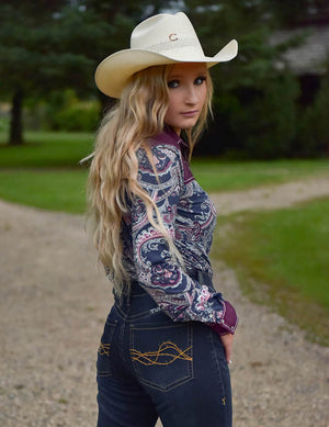 COWGIRL TUFF Paisley And Burgundy Stretch Jersey Pullover Button Up