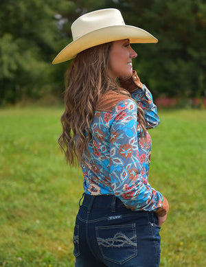 COWGIRL TUFF Floral With Brown Suede Stretch Jersey Pullover Button Up