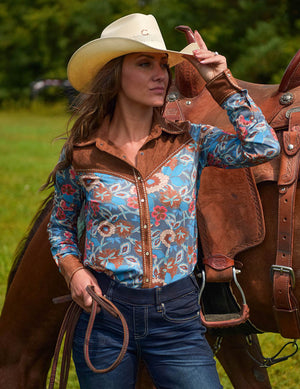 COWGIRL TUFF Floral With Brown Suede Stretch Jersey Pullover Button Up