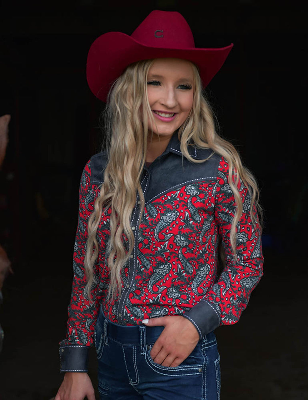 COWGIRL TUFF Red Paisley With Gray Suede Stretch Jersey Pullover Button Up