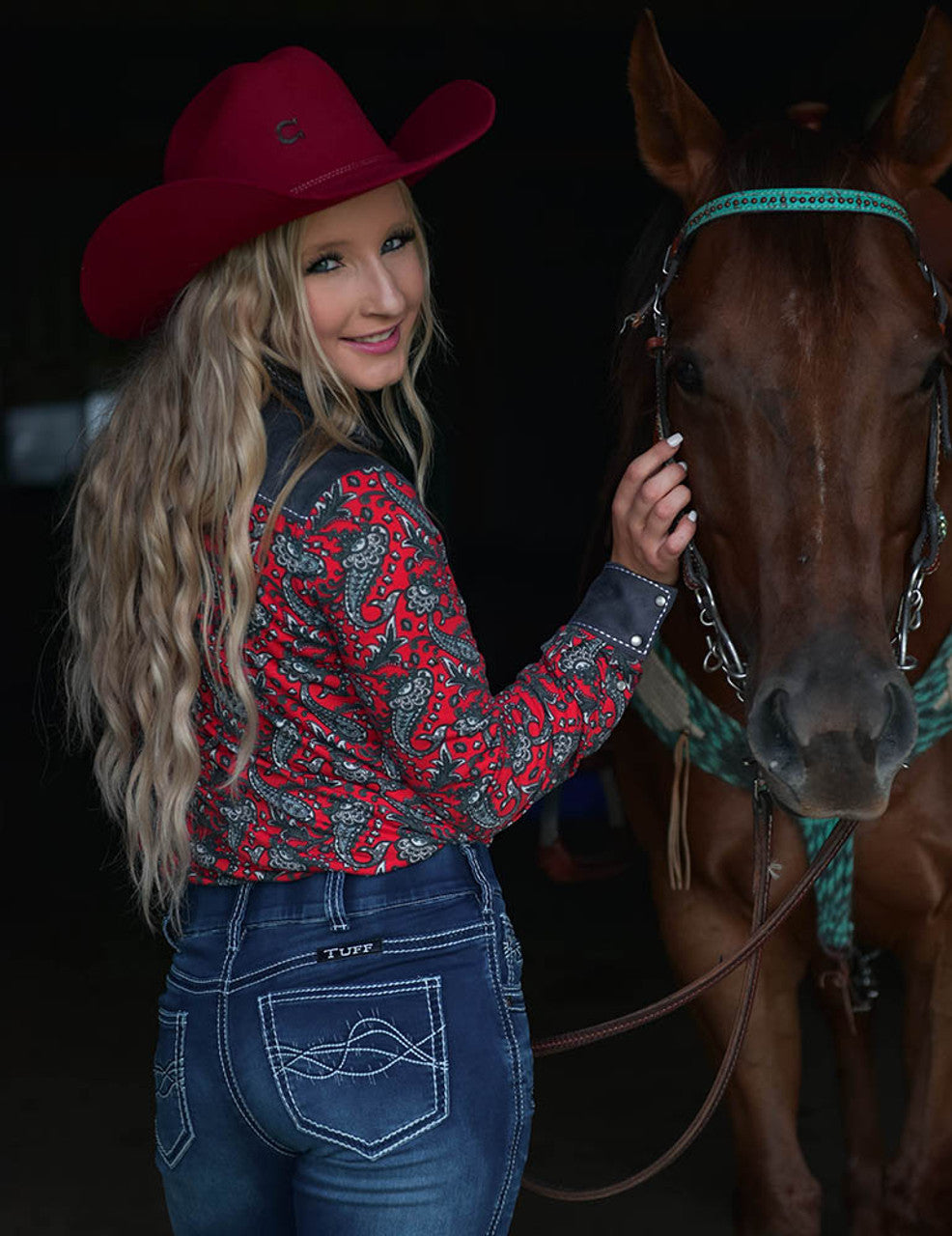 COWGIRL TUFF Red Paisley With Gray Suede Stretch Jersey Pullover Button Up