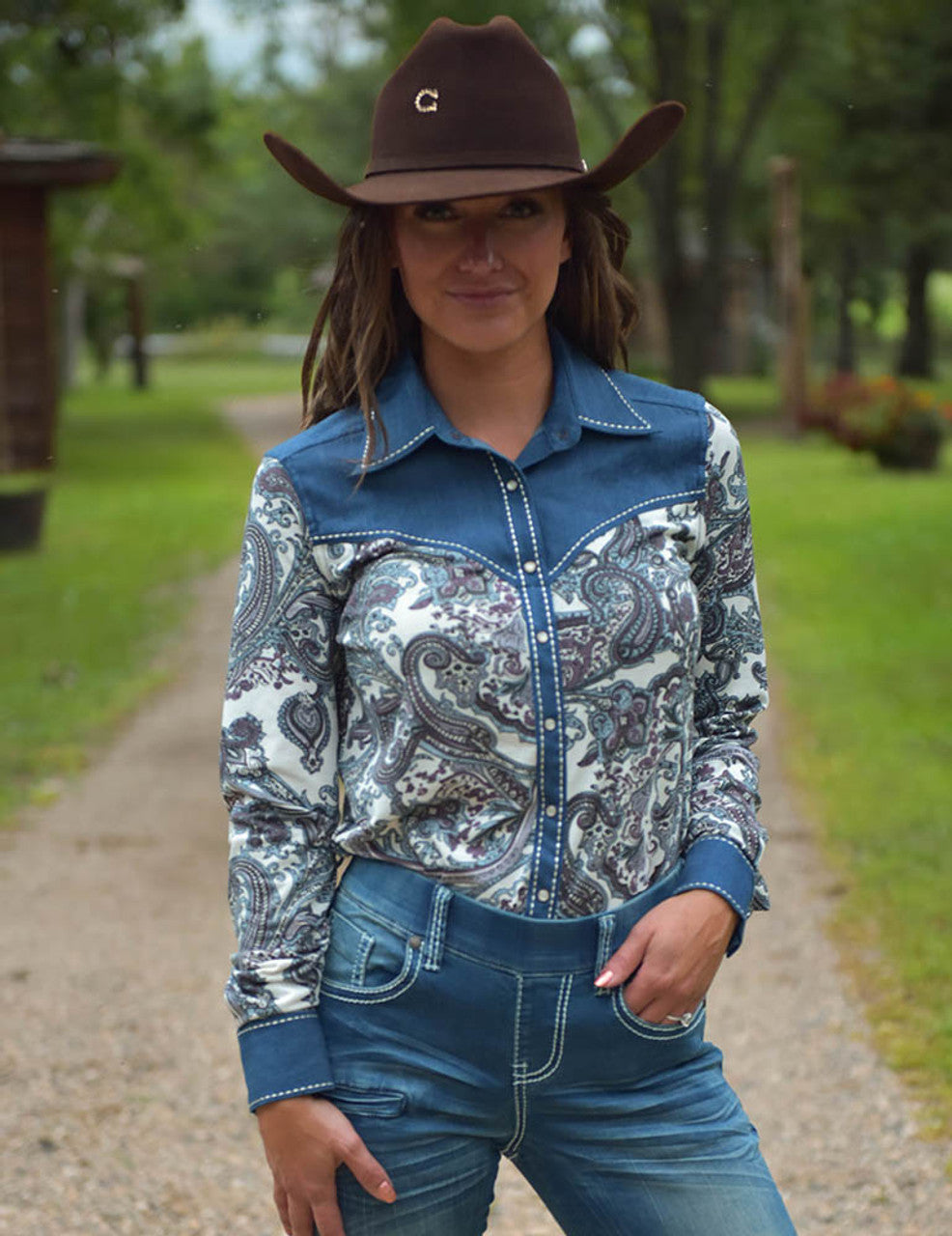 COWGIRL TUFF Blue Paisley With Denim Stretch Jersey Pullover Button Up