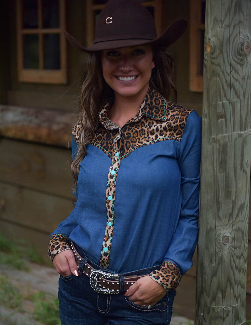 COWGIRL TUFF  Denim With Leopard And Turquoise Stretch Jersey Pullover Button Up