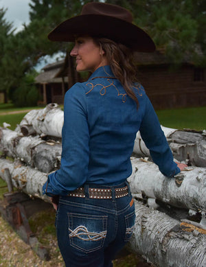 COWGIRL TUFF Denim With Brown Suede Stretch Jersey Pullover Button Up