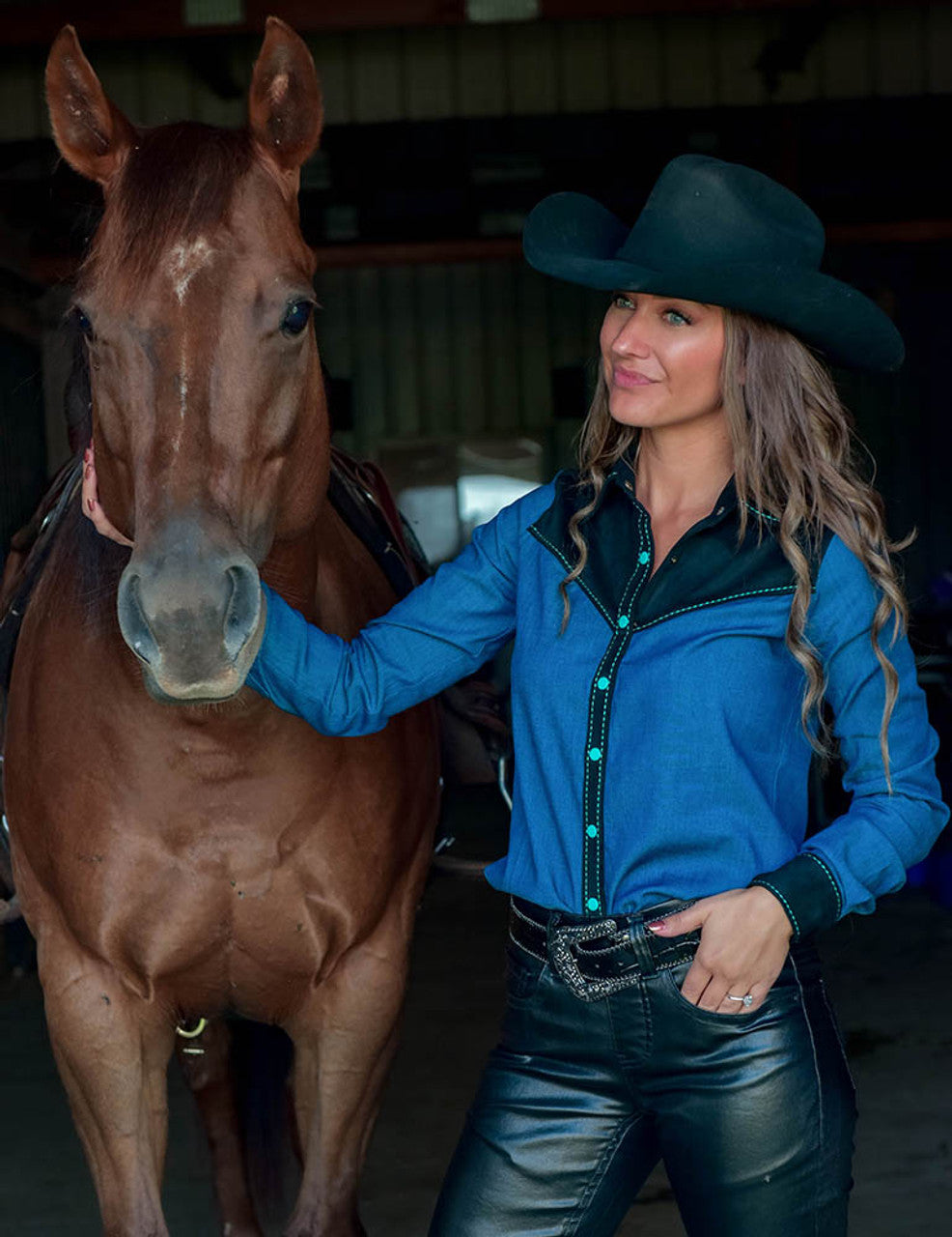 COWGIRL TUFF Denim With Turquoise And Black Suede Stretch Jersey Pullover Button Up