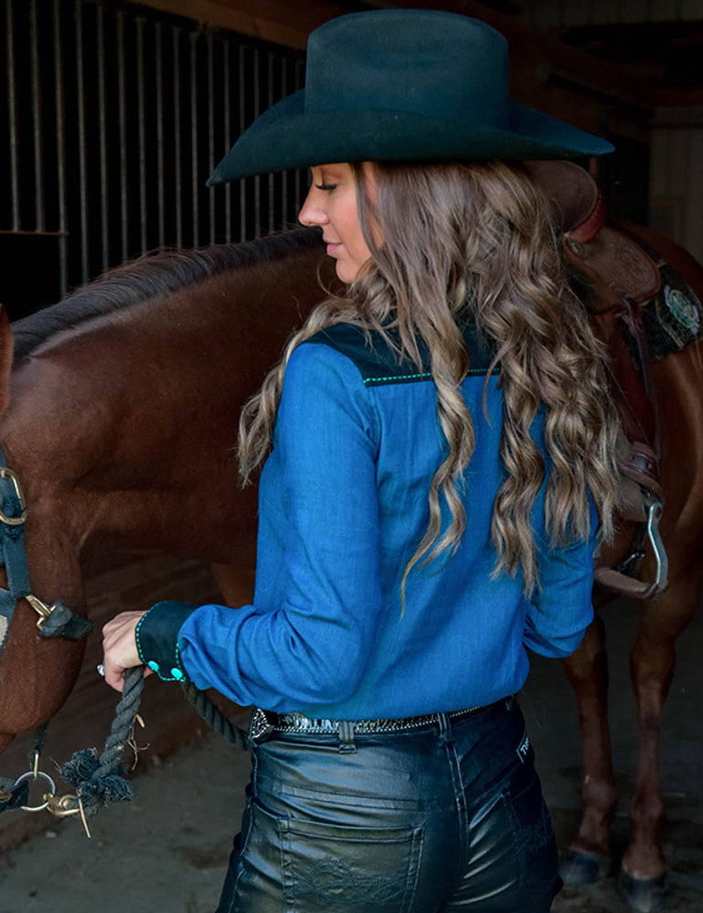 COWGIRL TUFF Denim With Turquoise And Black Suede Stretch Jersey Pullover Button Up