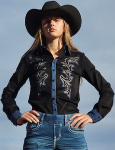 COWGIRL TUFF Pullover Button Up (Black With Western Swirl Embroidery Mid-weight Stretch Suede)