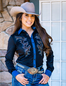 COWGIRL TUFF Pullover Button-Up (Black With Western Swirl Embroidery Mid-Weight Stretch Suede)