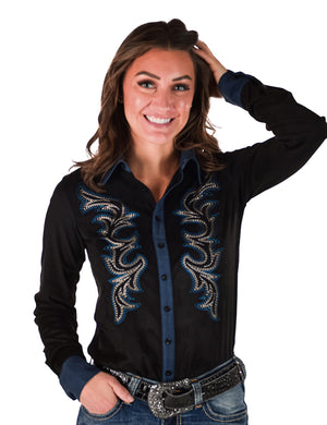 COWGIRL TUFF Pullover Button Up (Black With Western Swirl Embroidery Mid-weight Stretch Suede)