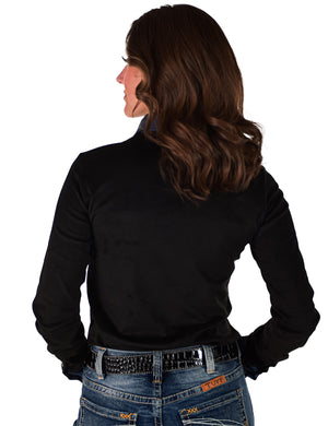 COWGIRL TUFF Pullover Button Up (Black With Western Swirl Embroidery Mid-weight Stretch Suede)