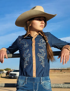 COWGIRL TUFF Pullover Button Up (Denim With Western Swirl Embroidery Mid-weight Stretch)