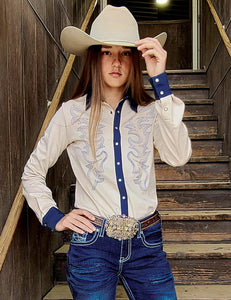 COWGIRL TUFF Pullover Button Up (Cream With Western Swirl Embroidery Mid-weight Stretch Suede)