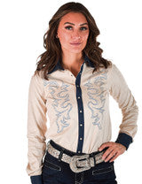 COWGIRL TUFF Pullover Button Up (Cream With Western Swirl Embroidery Mid-weight Stretch Suede)