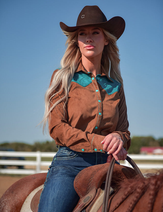 COWGIRL TUFF Pullover Button Up (Brown With Turquoise Accents Mid-Weight Stretch Suede)