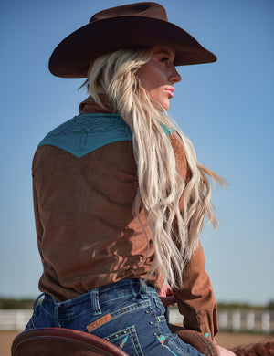 COWGIRL TUFF Pullover Button Up (Brown With Turquoise Accents Mid-Weight Stretch Suede)