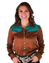 COWGIRL TUFF Pullover Button Up (Brown With Turquoise Accents Mid-Weight Stretch Suede)