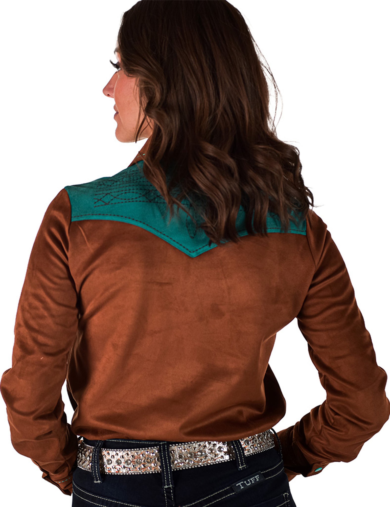 COWGIRL TUFF Pullover Button Up (Brown With Turquoise Accents Mid-Weight Stretch Suede)