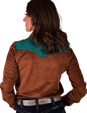 COWGIRL TUFF Pullover Button Up (Brown With Turquoise Accents Mid-Weight Stretch Suede)