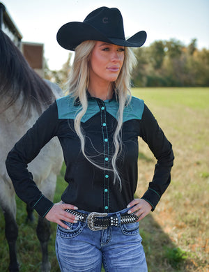 COWGIRL TUFF Pullover Button Up (Black With Turquoise Accents Mid-Weight Stretch Suede)