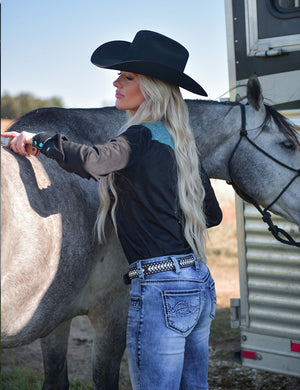 COWGIRL TUFF Pullover Button Up (Black With Turquoise Accents Mid-Weight Stretch Suede)