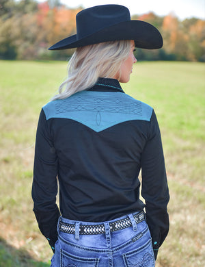 COWGIRL TUFF Pullover Button Up (Black With Turquoise Accents Mid-Weight Stretch Suede)