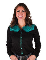 COWGIRL TUFF Pullover Button Up (Black With Turquoise Accents Mid-Weight Stretch Suede)