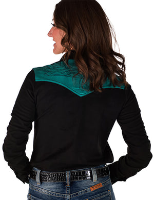 COWGIRL TUFF Pullover Button Up (Black With Turquoise Accents Mid-Weight Stretch Suede)