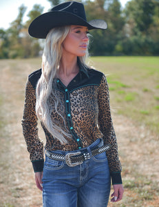 COWGIRL TUFF Pullover Button Up (Leopard With Turquoise Accents Lightweight Stretch Jersey)