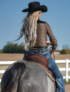 COWGIRL TUFF Pullover Button Up (Leopard With Turquoise Accents Lightweight Stretch Jersey)