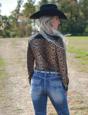 COWGIRL TUFF Pullover Button Up (Leopard With Turquoise Accents Lightweight Stretch Jersey)