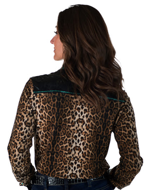 COWGIRL TUFF Pullover Button Up (Leopard With Turquoise Accents Lightweight Stretch Jersey)