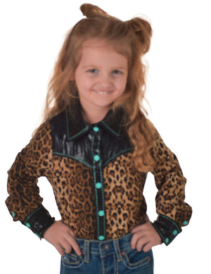 COWGIRL TUFF Girls Pullover Button Up (Leopard With Turquoise Accents Lightweight Stretch Jersey)