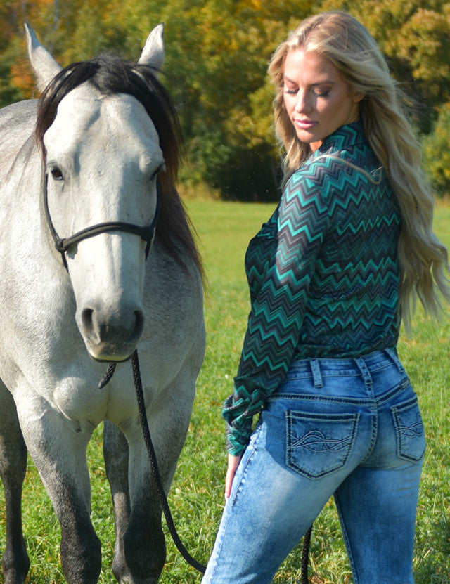 COWGIRL TUFF Pullover Button Up (Green And Gray Chevron Print Lightweight Stretch Jersey)