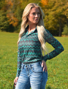 COWGIRL TUFF Pullover Button Up (Green And Gray Chevron Print Lightweight Stretch Jersey)