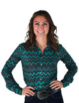 COWGIRL TUFF Pullover Button Up (Green And Gray Chevron Print Lightweight Stretch Jersey)