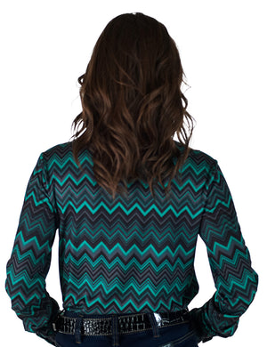 COWGIRL TUFF Pullover Button Up (Green And Gray Chevron Print Lightweight Stretch Jersey)