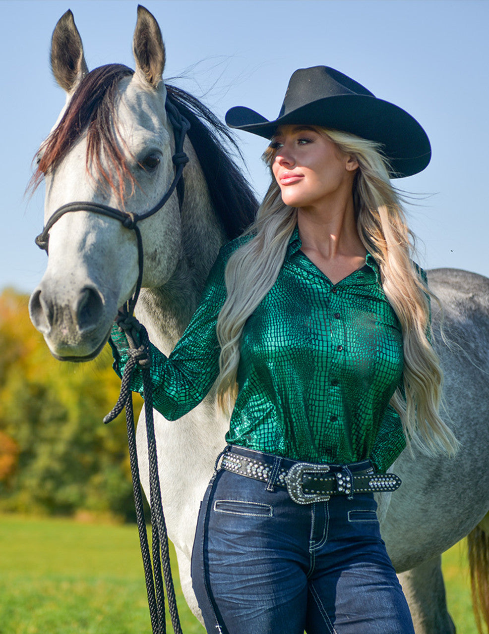 COWGIRL TUFF Pullover Button Up (Green Foil Crocodile Print Lightweight Stretch Jersey)