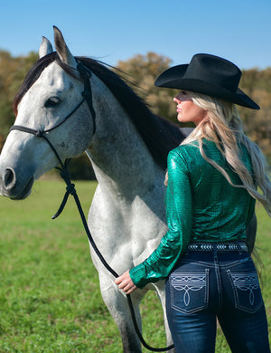 COWGIRL TUFF Pullover Button Up (Green Foil Crocodile Print Lightweight Stretch Jersey)