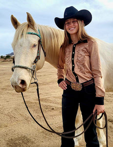 COWGIRL TUFF Pullover Button Up (Tan With Western Swirl Embroidery Mid-weight Stretch Suede)