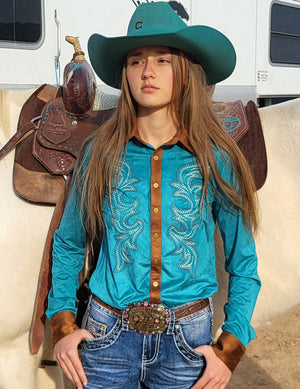 COWGIRL TUFF Pullover Button Up (Turquoise With Western Swirl Embroidery Mid-weight Stretch Suede)