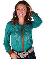 COWGIRL TUFF Pullover Button Up (Turquoise With Western Swirl Embroidery Mid-weight Stretch Suede)