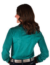 COWGIRL TUFF Pullover Button Up (Turquoise With Western Swirl Embroidery Mid-weight Stretch Suede)