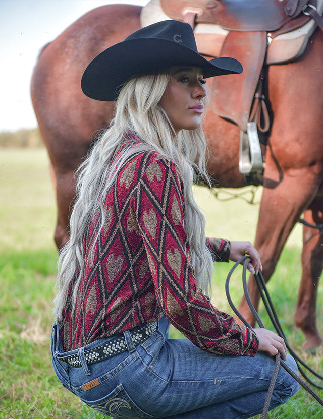 COWGIRL TUFF Pullover Button Up (Red Shimmery Diamonds And Hearts Lightweight Stretch Jersey)