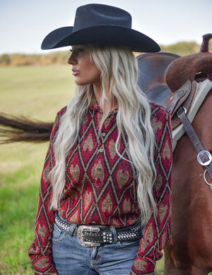 COWGIRL TUFF Pullover Button Up (Red Shimmery Diamonds And Hearts Lightweight Stretch Jersey)