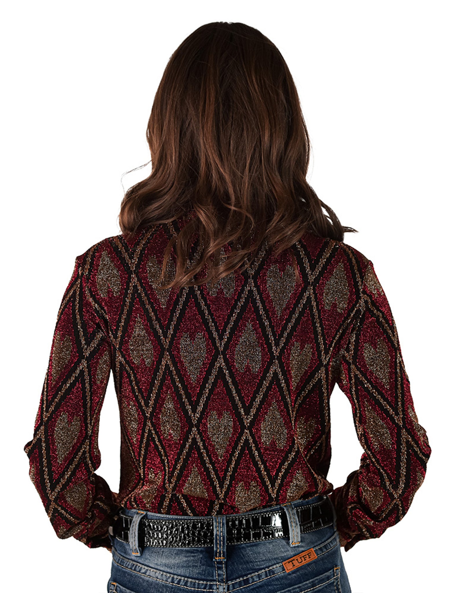 COWGIRL TUFF Pullover Button Up (Red Shimmery Diamonds And Hearts Lightweight Stretch Jersey)