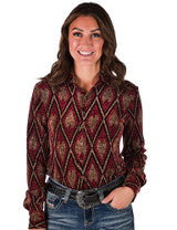 COWGIRL TUFF Pullover Button Up (Red Shimmery Diamonds And Hearts Lightweight Stretch Jersey)