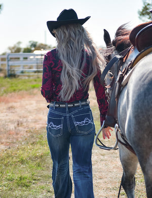 COWGIRL TUFF Pullover Button Up (Black With Red Paisley Lightweight Stretch Jersey)