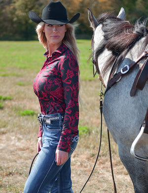 COWGIRL TUFF Pullover Button Up (Black With Red Paisley Lightweight Stretch Jersey)